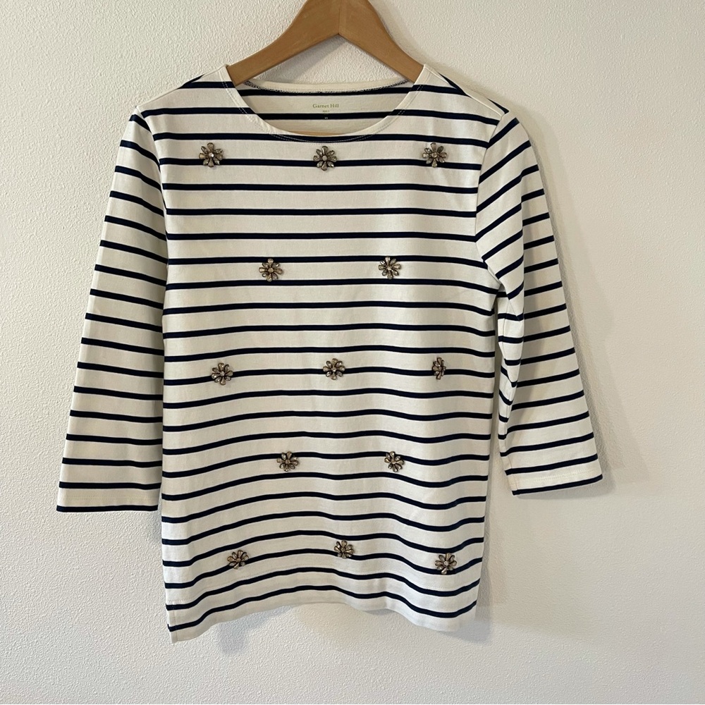 Garnet Hill Jewels Stripe 3/4 Sleeve Scoop Neck Tee Navy White Cotton-XS